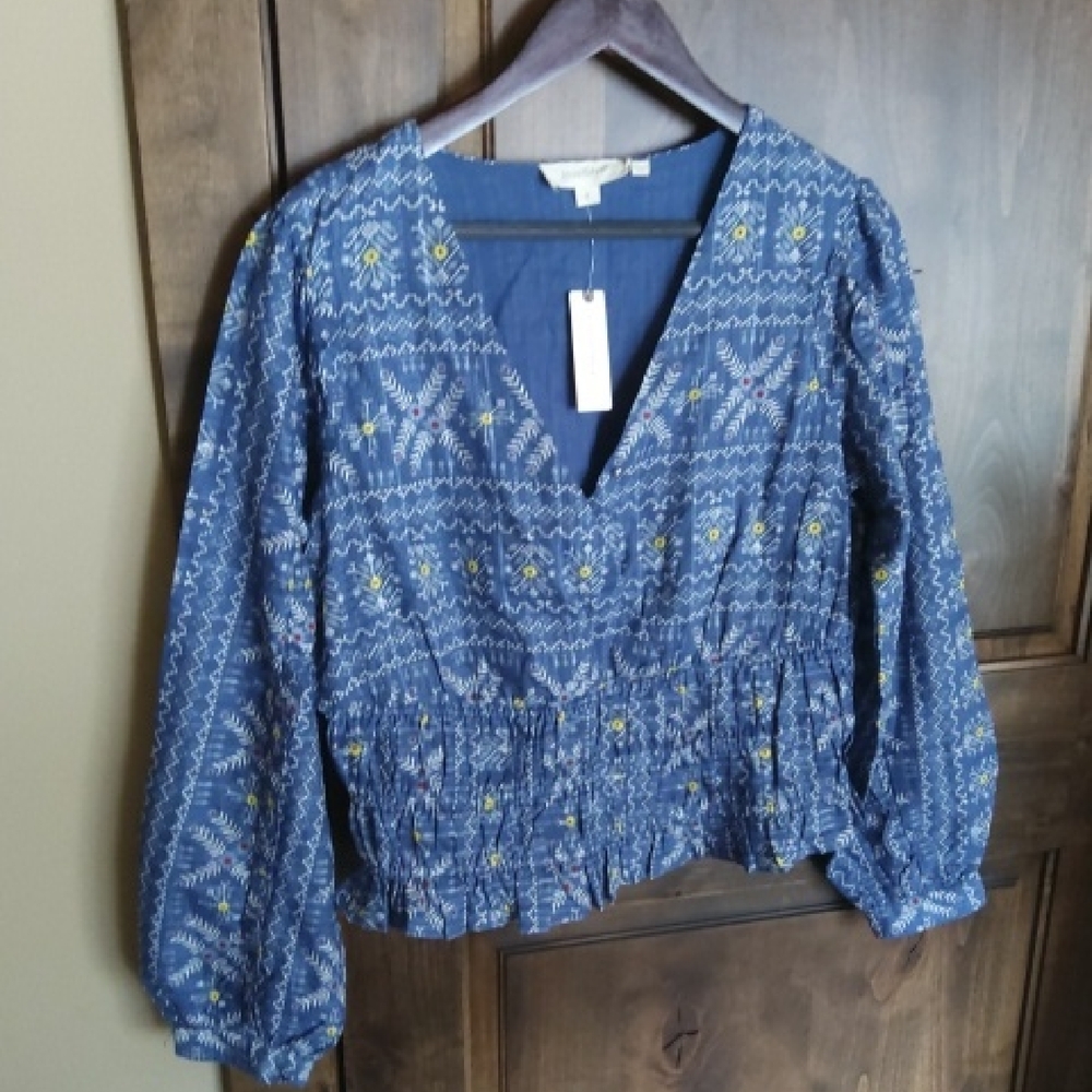 Anthropologie Blue Blouse with Smocked Relaxed Fit